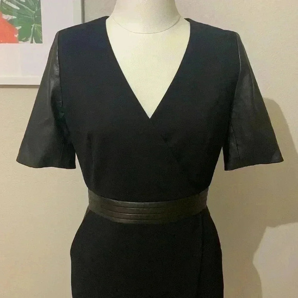 The Kooples Hopla Leather-Trim Faux Wrap Classic Mini Dress NWT - Picture 3 of 10